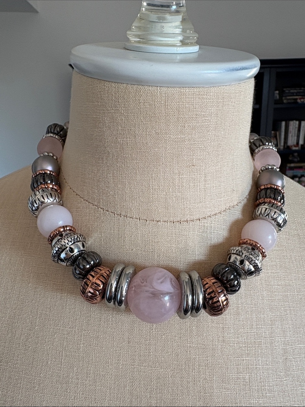 Gorgeous pink, silver and copper color beaded adjustable necklace